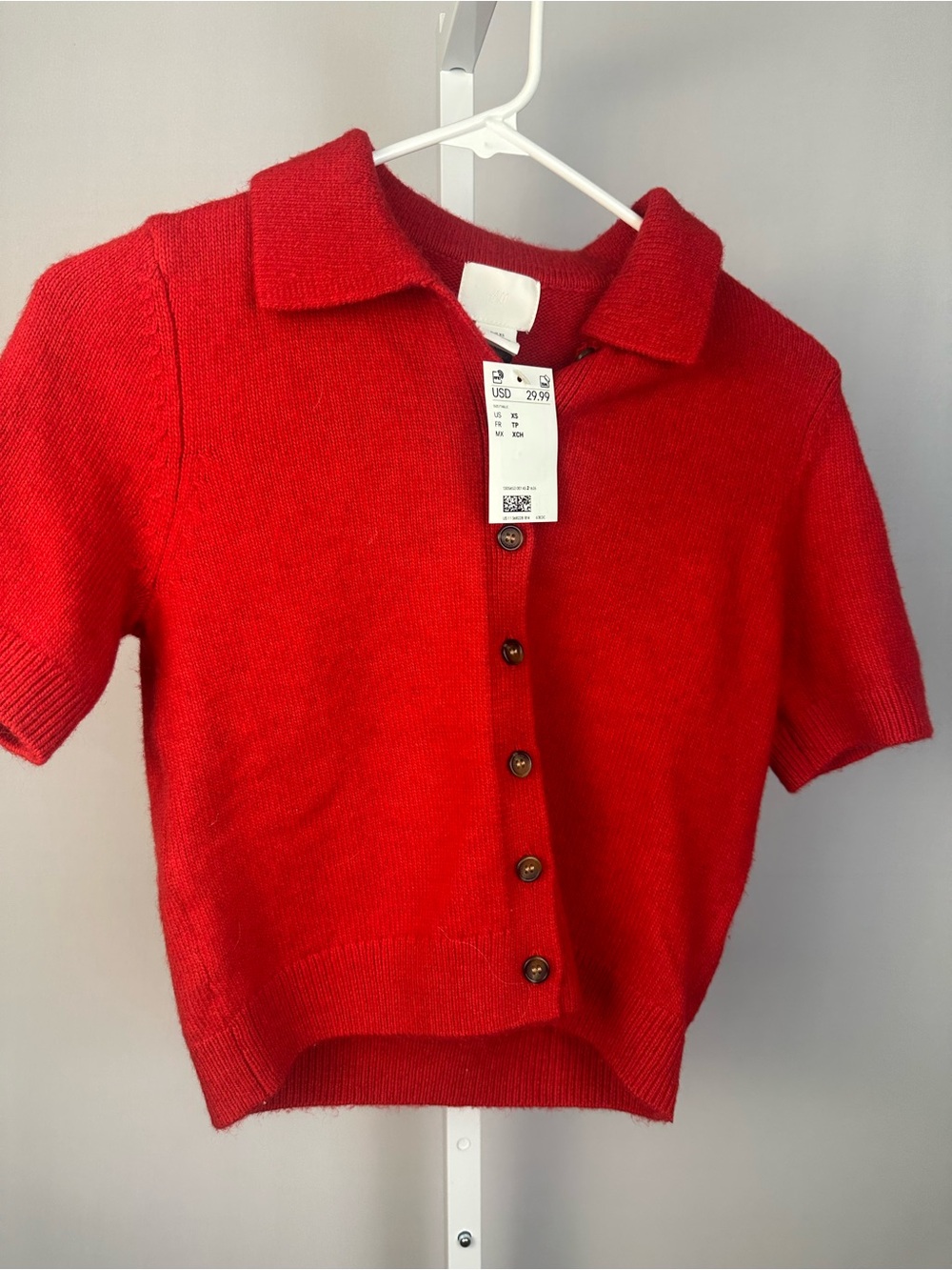 NWT H&M Red Cropped Knit Cardigan Sweater Collared Short Sleeve XS